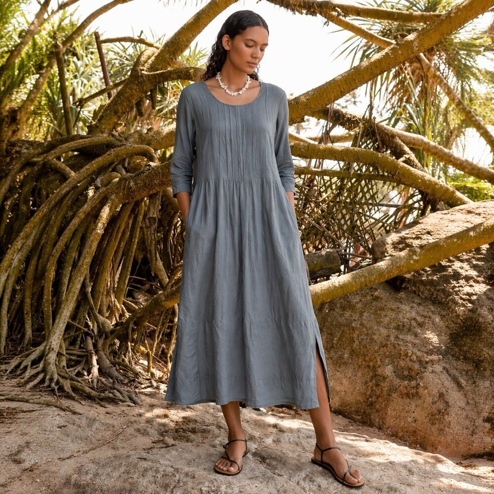 Poetry Flowy Beachy Linen Viscose Lagenlook Coastal Dress Pockets US 14